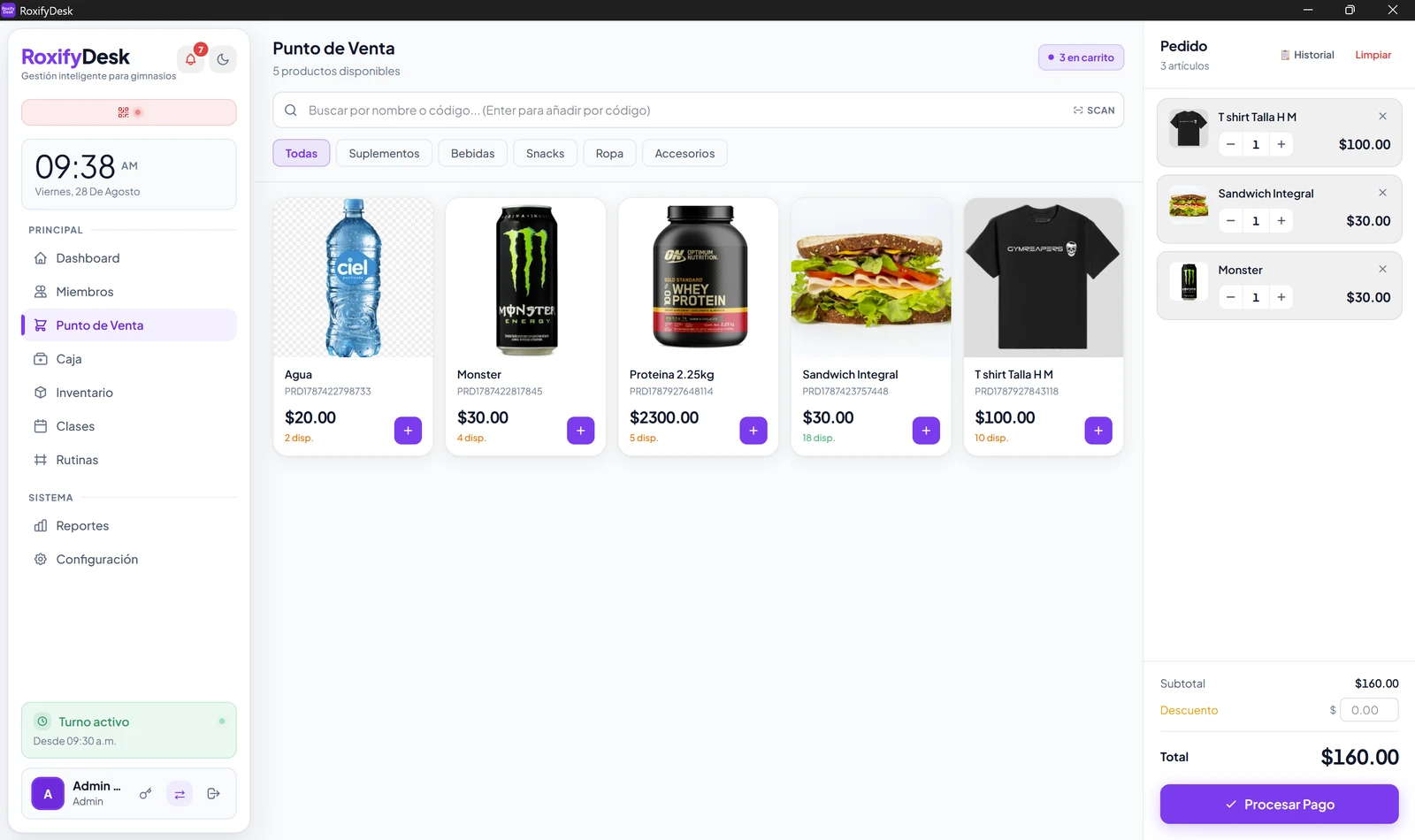 Punto de venta de RoxifyDesk vendiendo suplementos, bebidas y ropa desde una sola caja